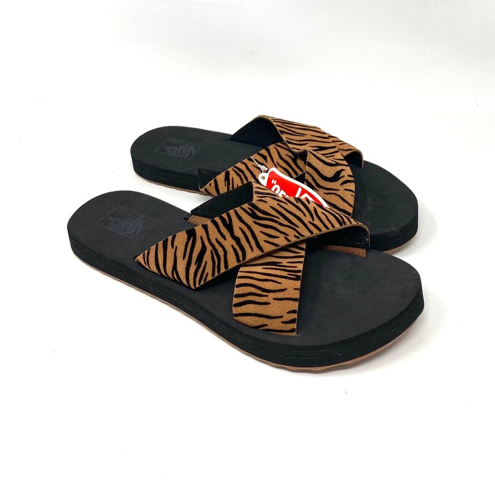 Vans Brown and Black Tiger-Print Slide Sandals